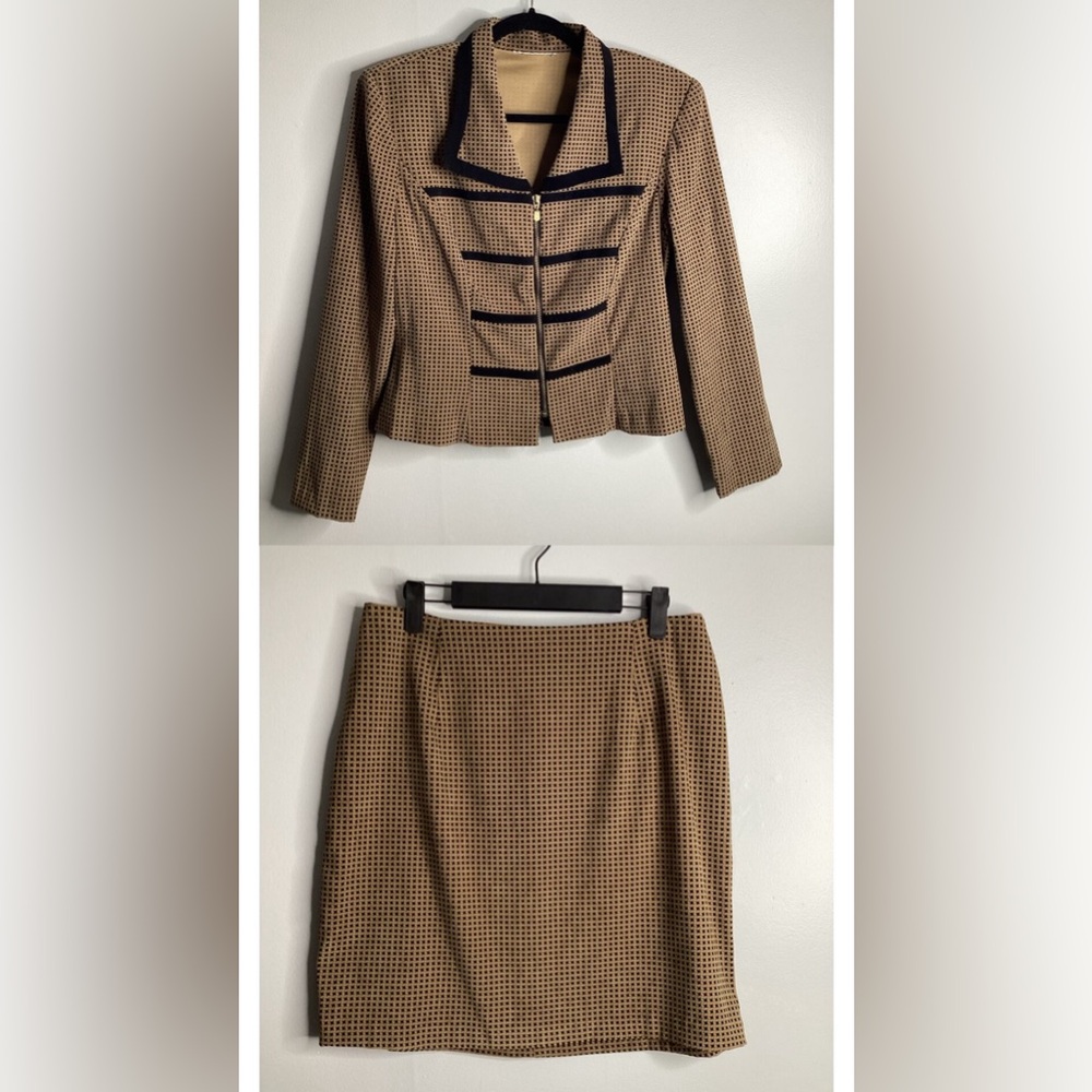 2 Piece Dawn Joy brown/black checkered‎ printed zipper blazer + Skirt set 13/14
